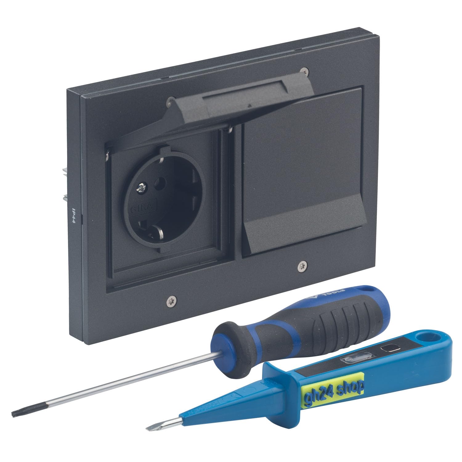 Elettroserratura Cisa Set Completo Presa E Telaio Gira TX_44 Antracite IP44 - Per Interno/Esterno, 250V 16A, Con Coperchio Set Presa E Telaio IP44 Antracite