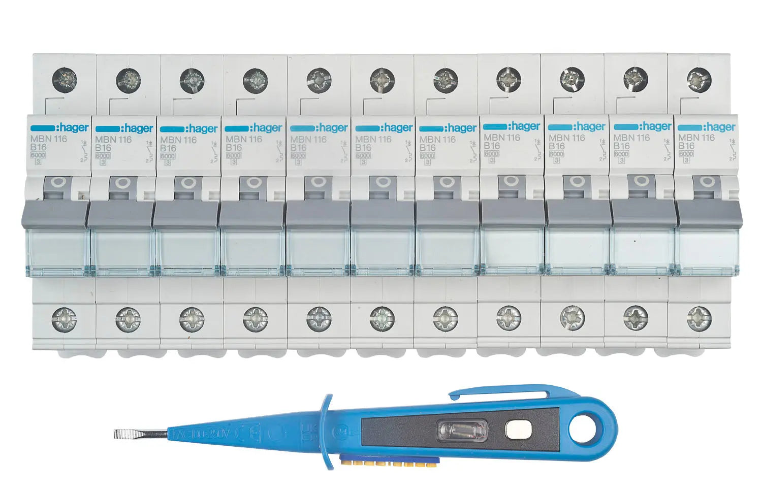 12 Stück Hager MBN116 Leitungsschutzschalter B16A 1-polig 6kA + gh24 Phasenprüfer Hager