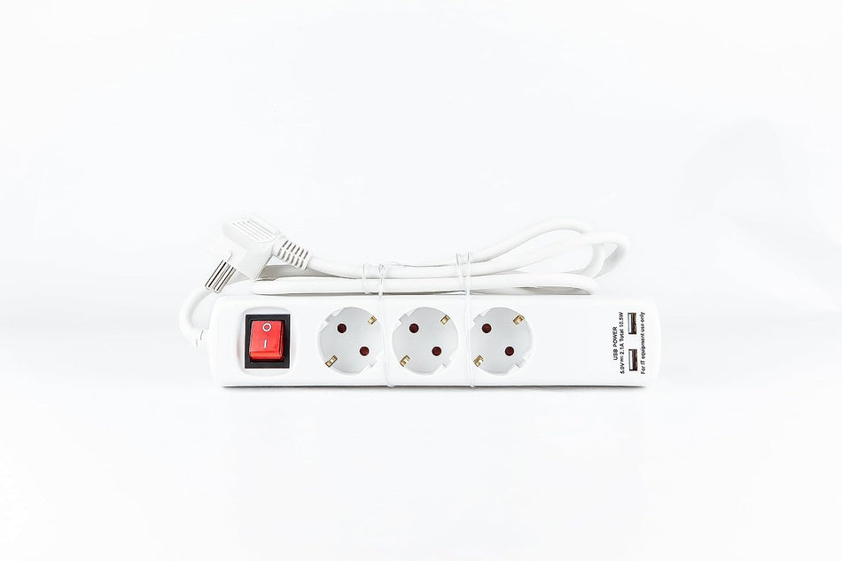 3-fach Tischsteckdose weiß mit Schalter und erhöhtem Berührungsschutz, 2x USB-Anschluss 1,40m Kabel