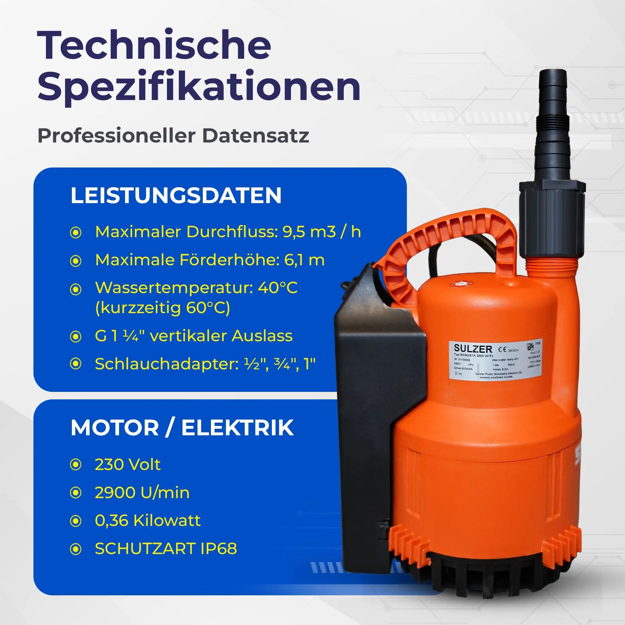 Schmutzwasserpumpe ABS Robusta 200 CW-TS bis 9.500 Liter/Stunde max. 6,1m Förderhöhe Flachabsaugung bis 3mm und 10m Kabel 