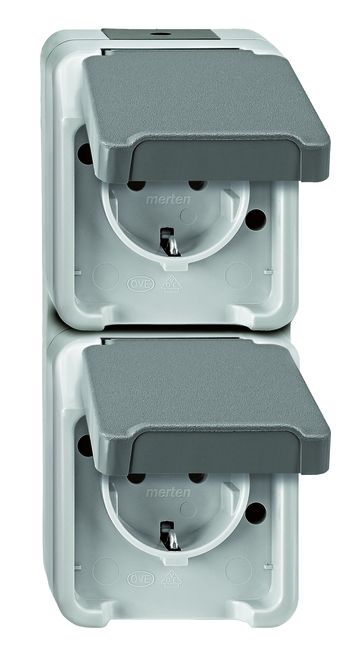Merten AQUASTAR specialist switch range for damp rooms, surface-mounted, IP44, in light grey | Robust - Proven - Reliable grenda-hammer®