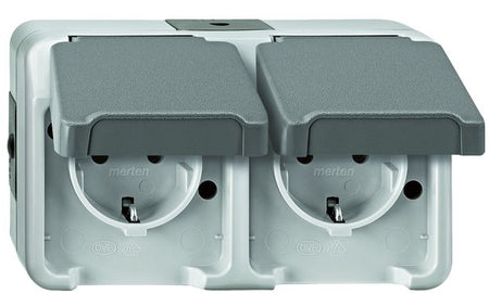 Merten AQUASTAR specialist switch range for damp rooms, surface-mounted, IP44, in light grey | Robust - Proven - Reliable grenda-hammer®