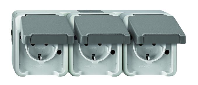 Merten AQUASTAR specialist switch range for damp rooms, surface-mounted, IP44, in light grey | Robust - Proven - Reliable grenda-hammer®