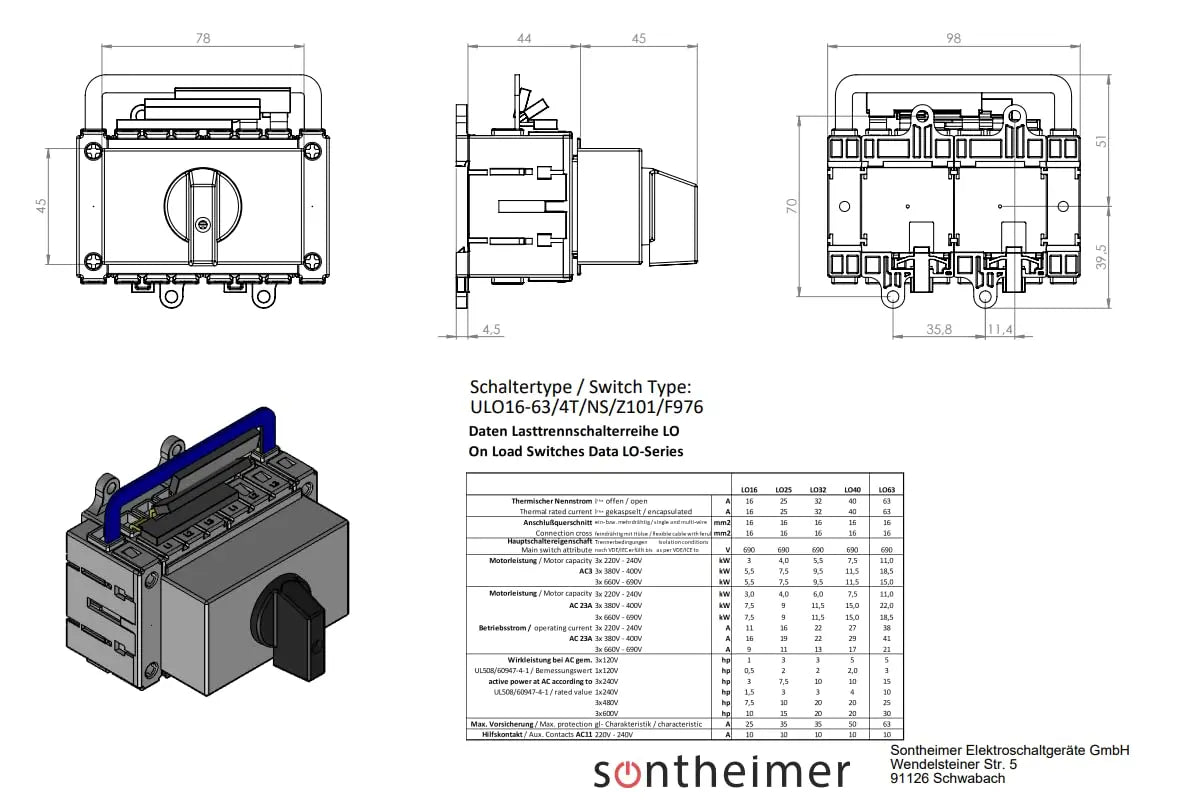 Sontheimer Lastumschalter ULO63/4T/NS/Z101/F976 4-polig 380-440V (AC) 63A 22kW (Netz - 0 - Notstrom) Art. 10017602 Kraus & Naimer