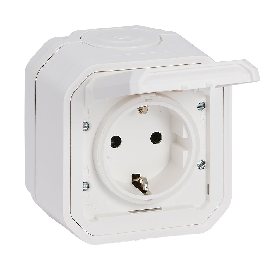 Professionelles Schalterprogramm Feuchtraum Aufputz bis IP 55 in modernem ultraweiss, Schalter und Steckdosen horizontal und vertikal montierbar, modern - schnell - flexibel