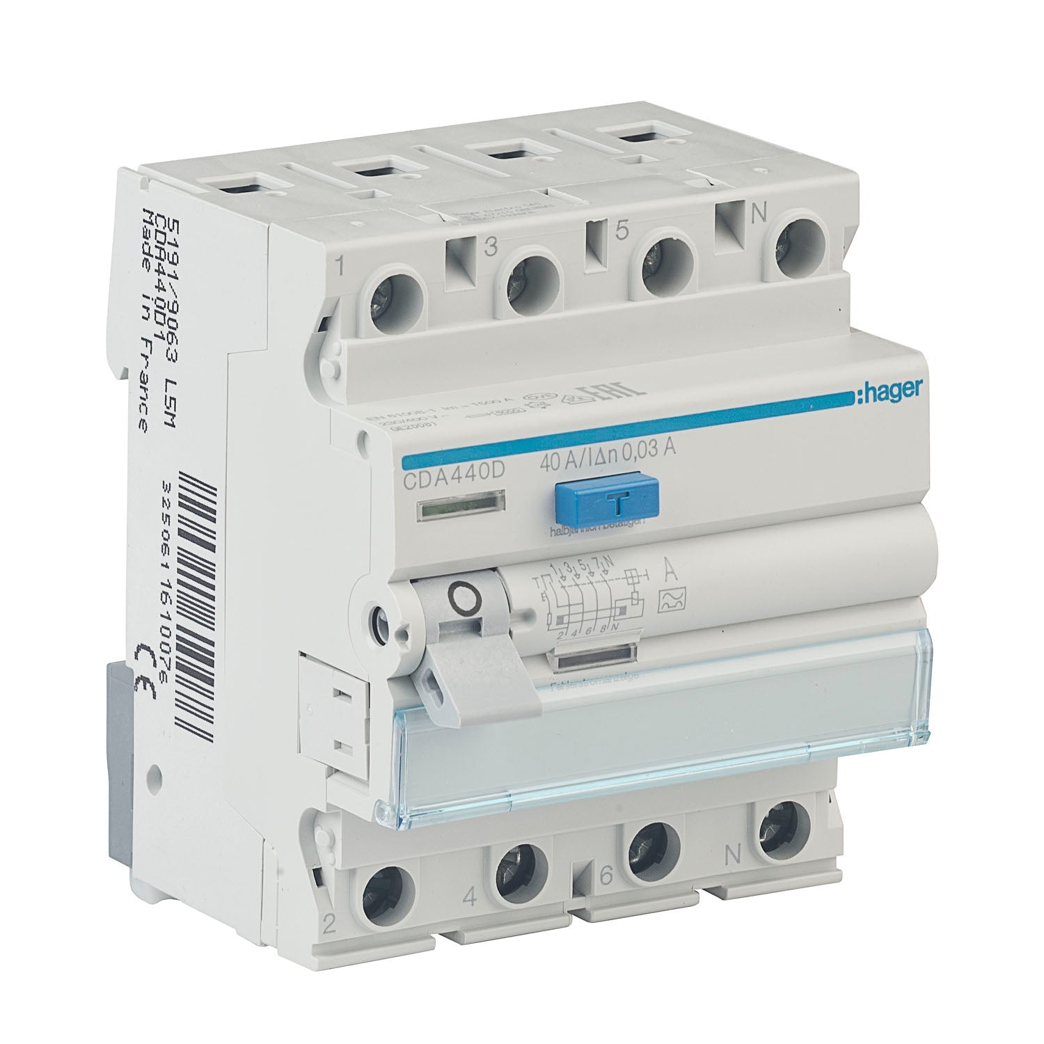 Fehlerstrom Schutzschalter Hager Typ A 40A 30mA 3P+N 6kA QuickConnect-Schraubtechnik Hager