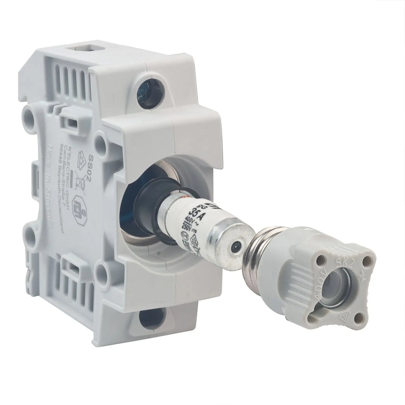 Neozed Sicherungssockel D01/ D02 1-polig 10 - 63A Set mit Schraubkappe, Schmelzeinsatz und Passhülse grenda-hammer®