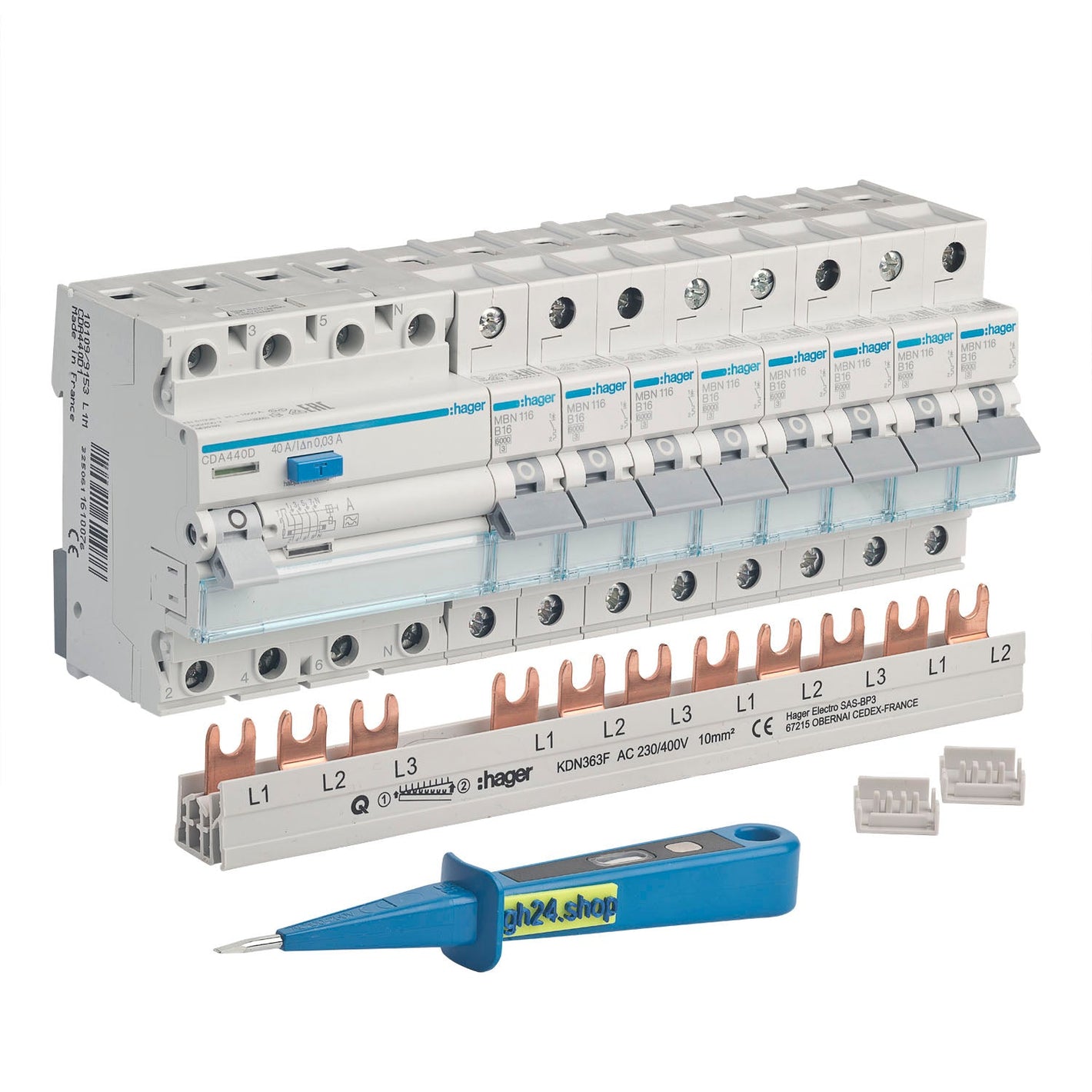 Einbaupaket Hager FI-Schutzschalter 30mA, Sicherungen B16A, Kammschiene, Endkappen und gh24 Phasenprüfer grenda-hammer®