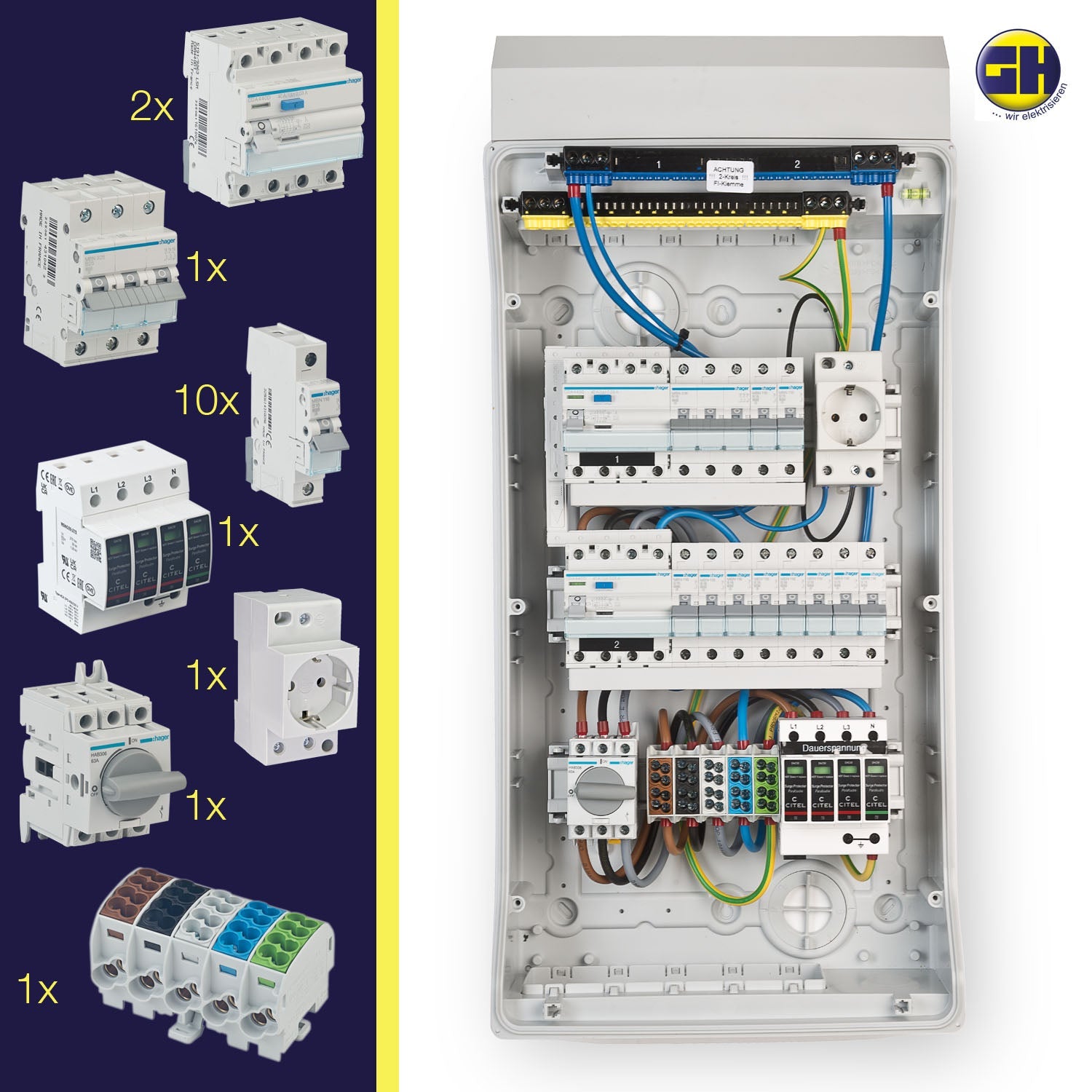 Sicherungskasten Feuchtraum IP65 3-reihig fertig verdrahtet mit Einbaugeräten grenda-hammer®