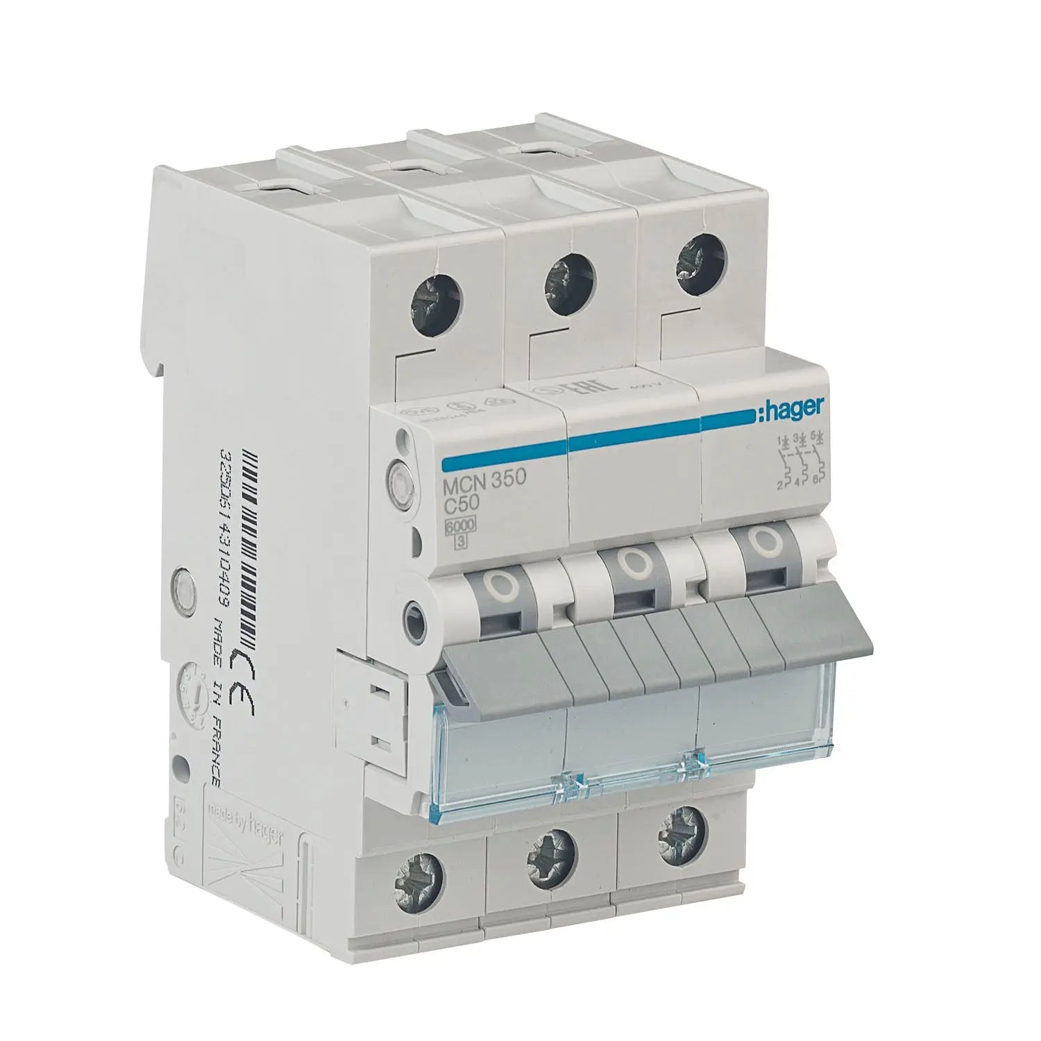Hager MCN350 Leitungsschutzschalter C50A 3-polig 6kA Schraubtechnik grenda-hammer®