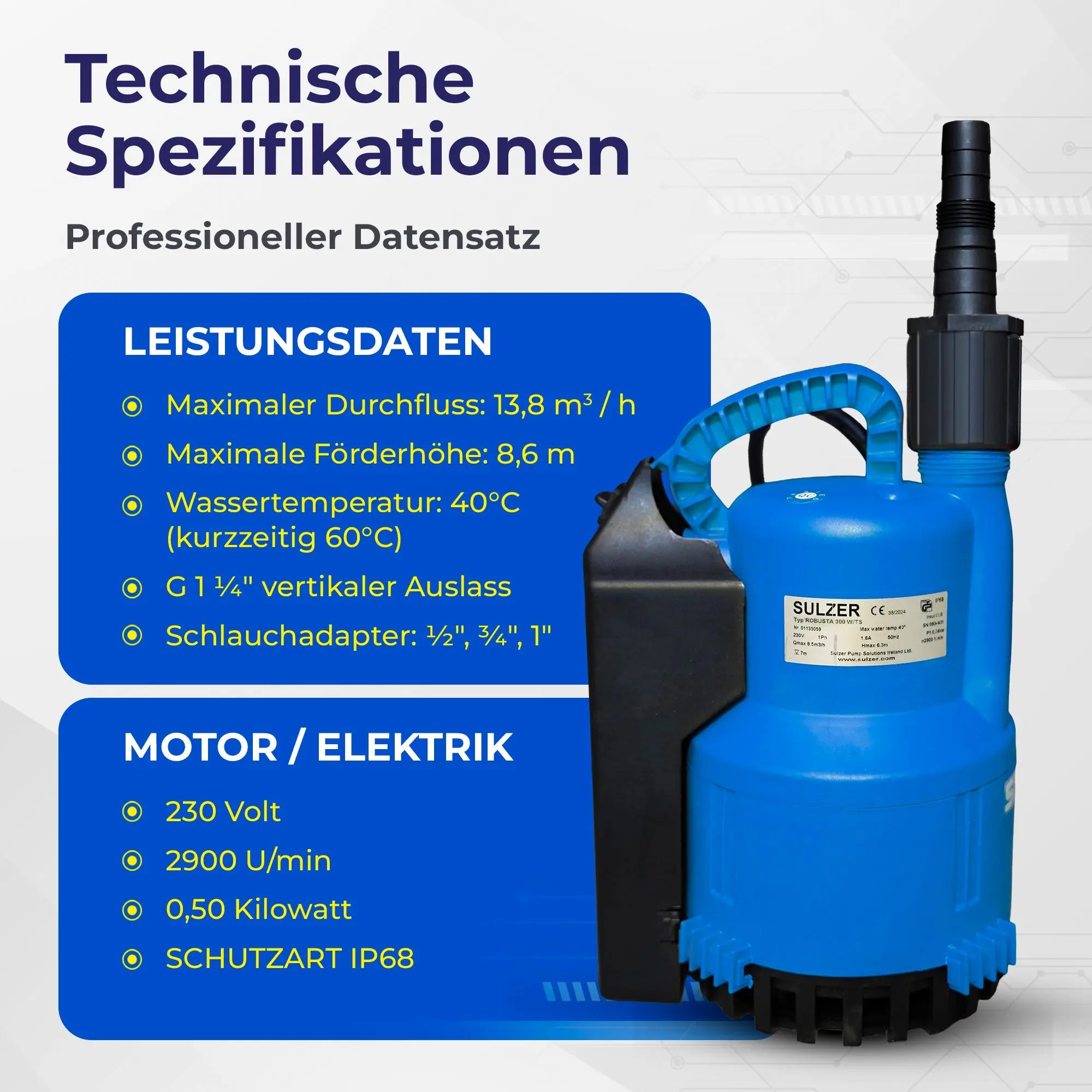 Schmutzwasserpumpe ABS Robusta 300 bis 13.800 Liter/Stunde max. 8,6m Förderhöhe Flachabsaugung bis 3mm und 10m Kabel grenda-hammer®