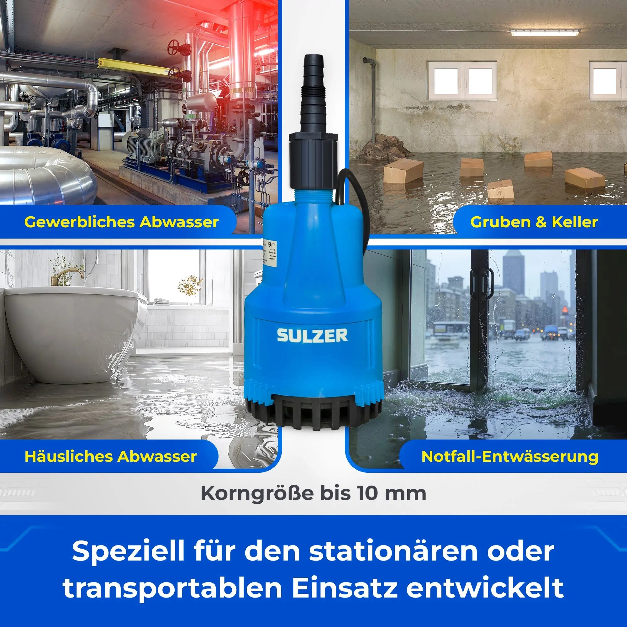 Schmutzwasserpumpe ABS Robusta 300 bis 13.800 Liter/Stunde max. 8,6m Förderhöhe Flachabsaugung bis 3mm und 10m Kabel grenda-hammer®
