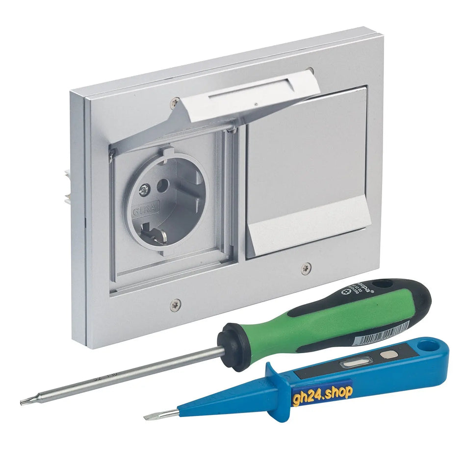 Design Außensteckdose Gira TX_44 2-fach mit Rahmen, Dichtungsflansch und Montageset Farbe alu Gira