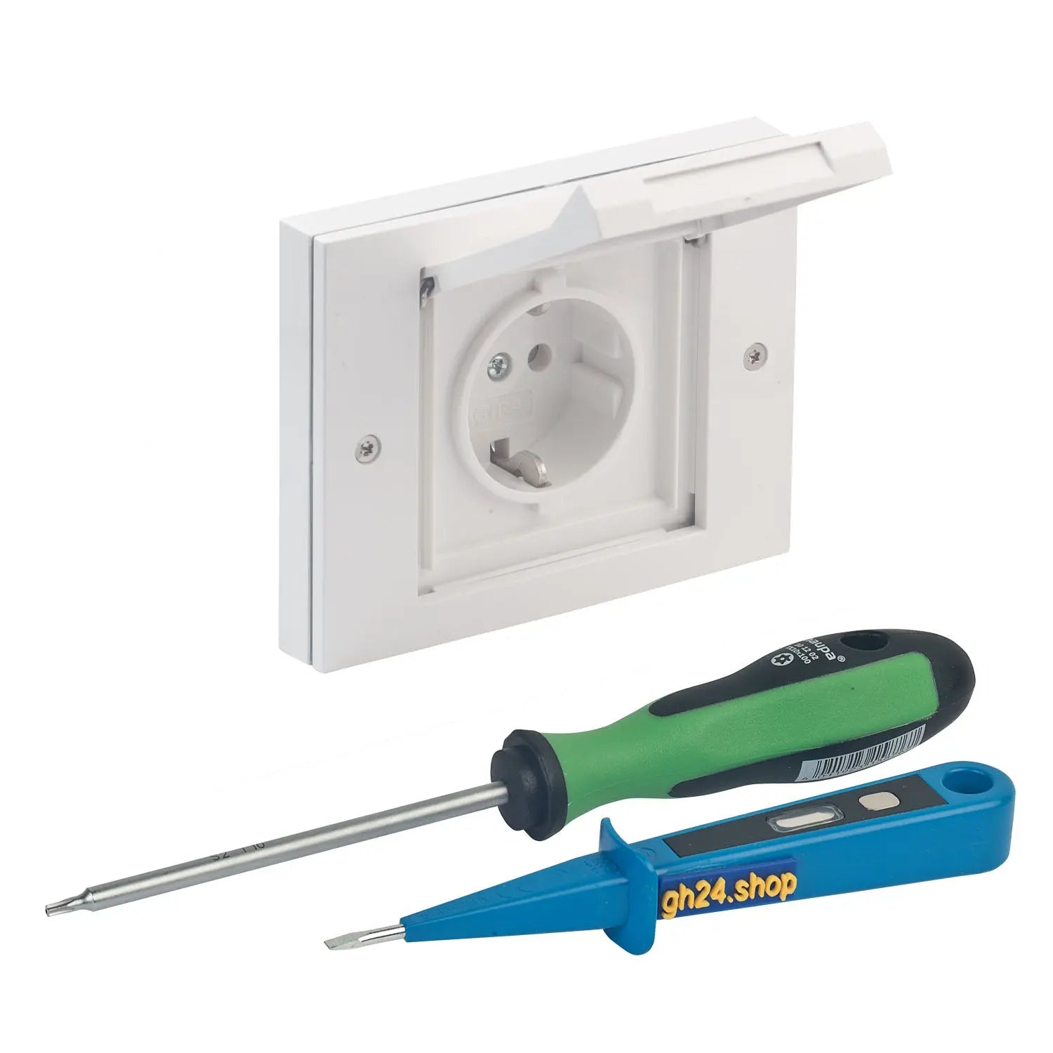 Design Außensteckdose Gira TX_44 1-fach mit Rahmen, Dichtungsflansch und Montageset weiß Gira