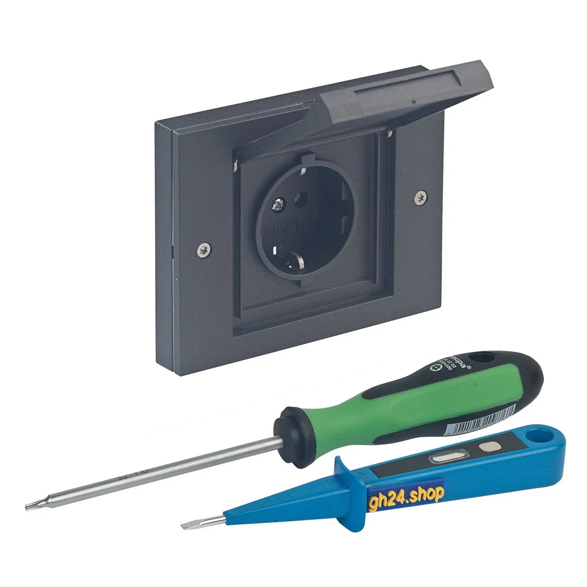 Design Außensteckdose Gira TX_44 1-fach mit Rahmen, Dichtungsflansch und Montageset anthrazit Gira