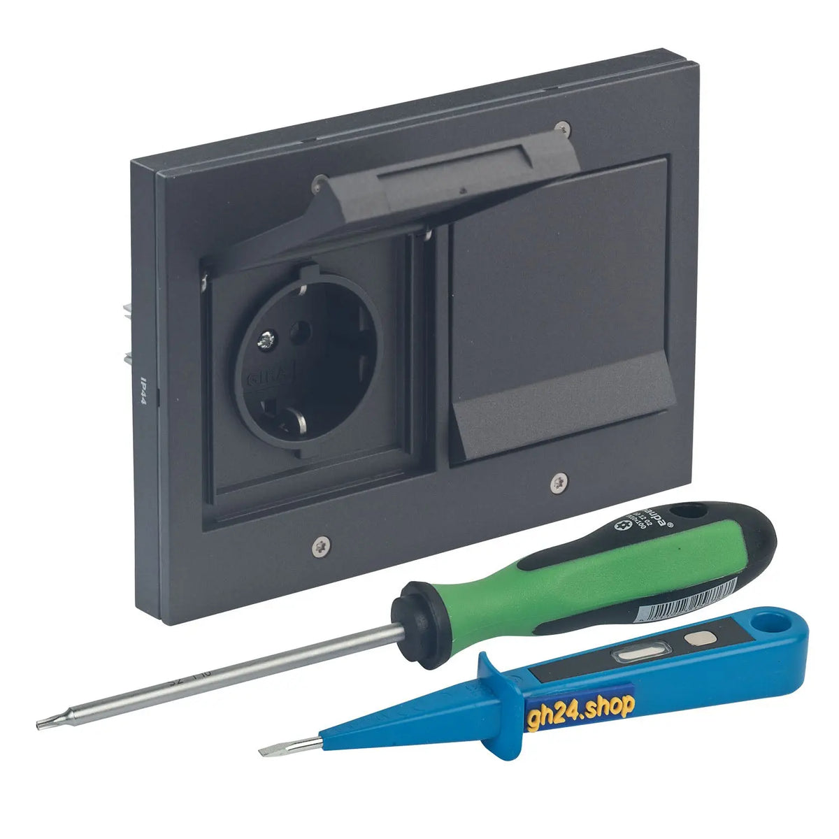 Design Außensteckdose Gira TX_44 2-fach mit Rahmen, Dichtungsflansch und Montageset anthrazit Gira