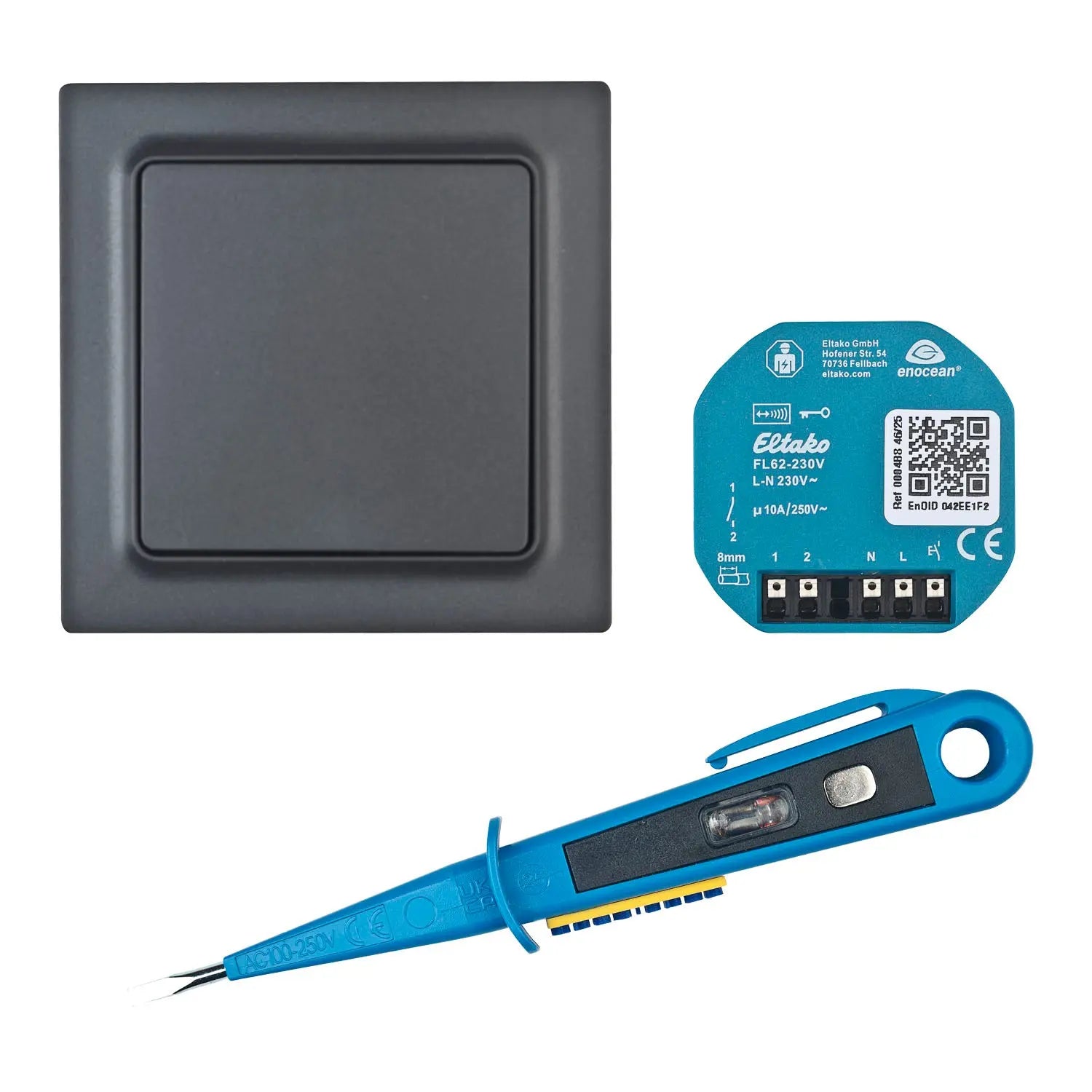 Smart Home Funk Schaltset für Licht 250V 10A mit batterie- und leitungslosem Wandtaster in drei Farben, Schaltaktor und GH24 Phasenprüfer grenda-hammer®