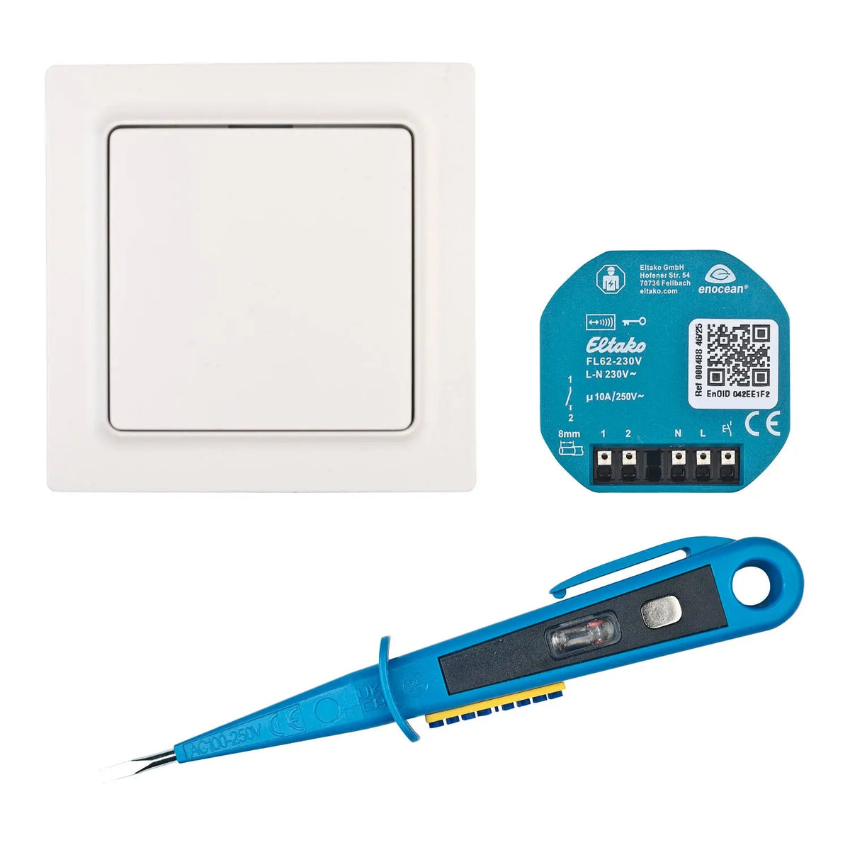 Smart Home Funk Schaltset für Licht 250V 10A mit batterie- und leitungslosem Wandtaster in drei Farben, Schaltaktor und GH24 Phasenprüfer grenda-hammer®