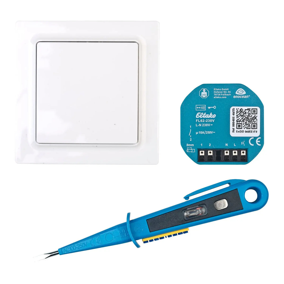 Smart Home Funk Schaltset für Licht 250V 10A mit batterie- und leitungslosem Wandtaster in drei Farben, Schaltaktor und GH24 Phasenprüfer grenda-hammer®