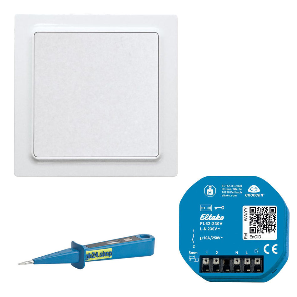 Smart Home Funk Schaltset für Licht 250V 10A mit batterie- und leitungslosem Wandtaster in drei Farben, Schaltaktor und GH24 Phasenprüfer