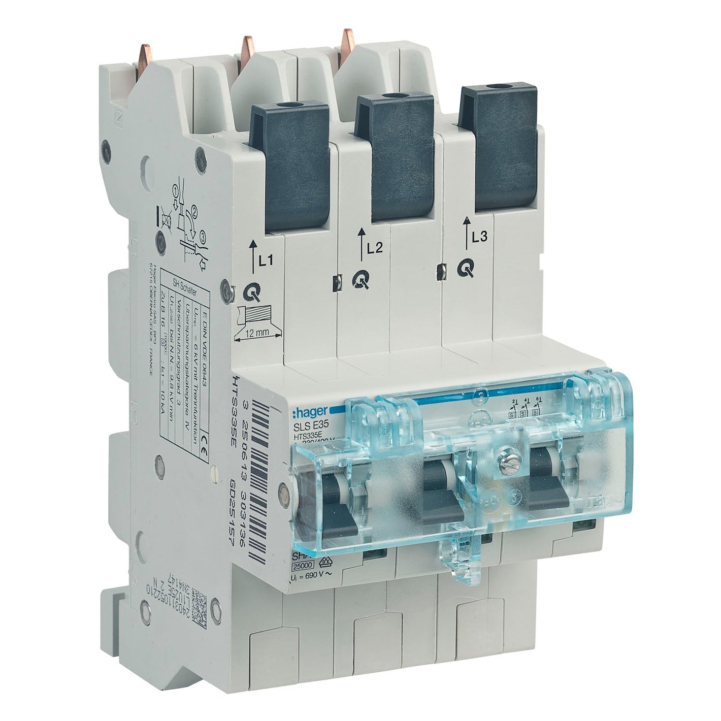 SLS-Schalter Hager HTS335E selektiver Hauptsicherungsautomat SHU 35A 3x 1-polig mit Stecktechnik grenda-hammer®