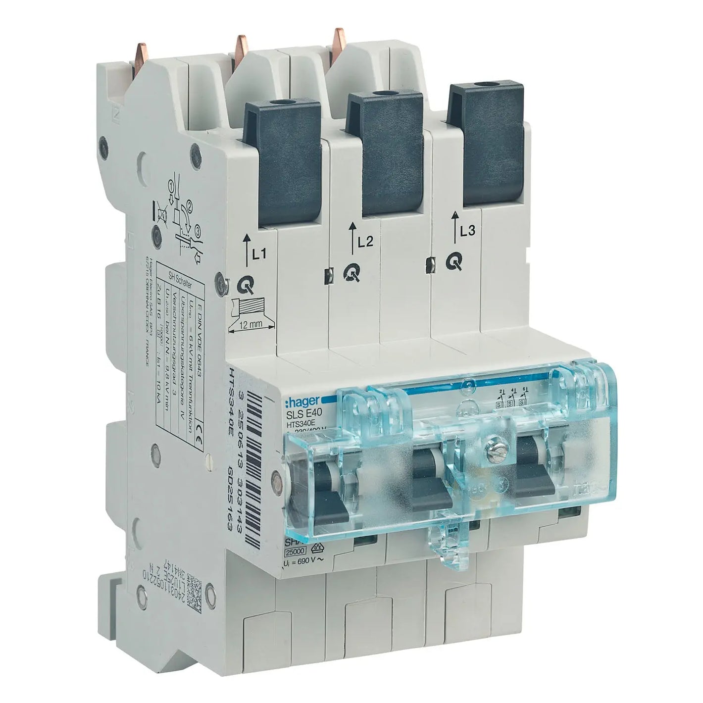 SLS-Schalter Hager HTS340E selektiver Hauptsicherungsautomat SHU 40A 3x 1-polig mit Stecktechnik grenda-hammer®