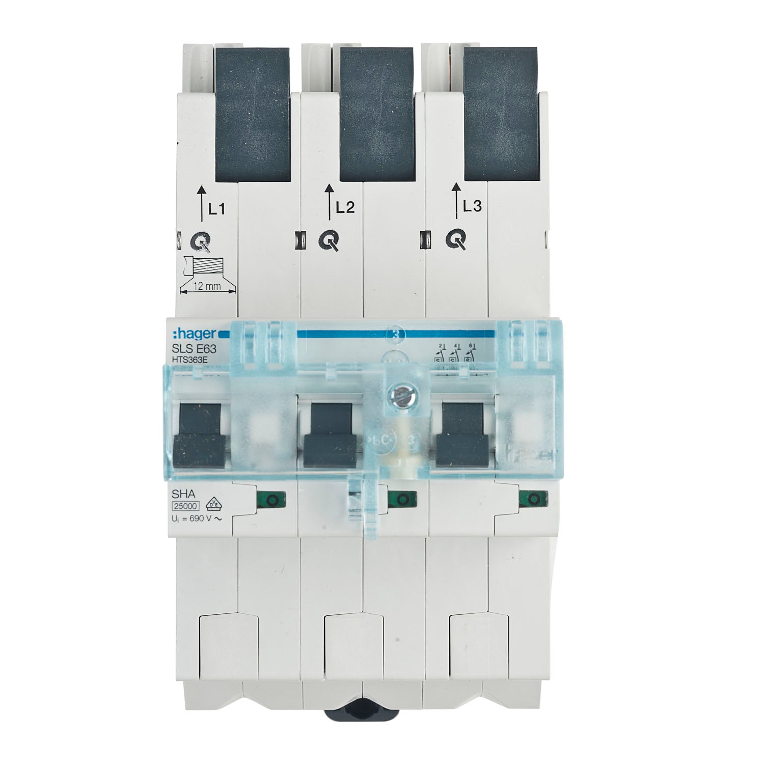 SLS-Schalter Hager HTS363E selektiver Hauptsicherungsautomat SHU 63A 3x 1-polig mit Stecktechnik grenda-hammer®