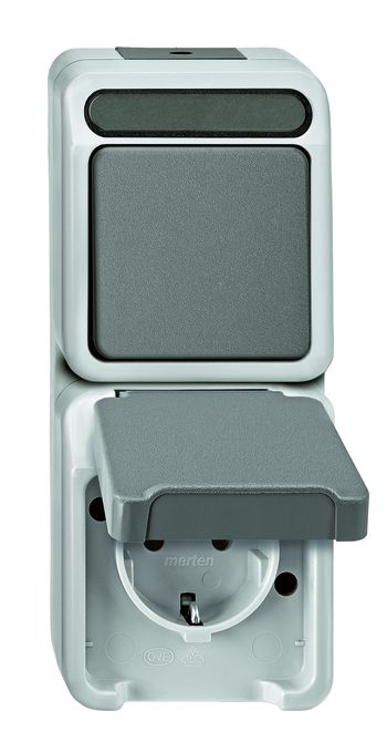 Merten AQUASTAR specialist switch range for damp rooms, surface-mounted, IP44, in light grey | Robust - Proven - Reliable grenda-hammer®