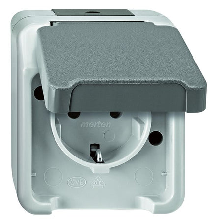 Merten AQUASTAR specialist switch range for damp rooms, surface-mounted, IP44, in light grey | Robust - Proven - Reliable grenda-hammer®